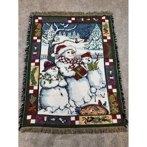 Vtg Goodwin Weavers Snowmen Caroling Woven Tapestry Throw Blanket USA 60"x 46"